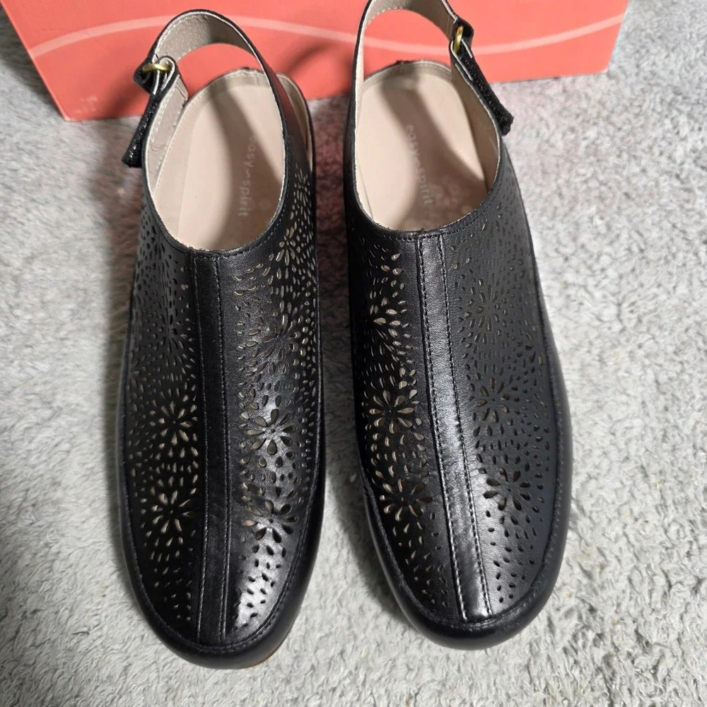 Easy Spirit Black Leather Laser Cut Slingback Wedge Mules Shoes Women's 9M‎ NEW